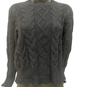 PINKO Sweater Womens Size S Black Cable-Knit Distressed Crew Neck Pullover